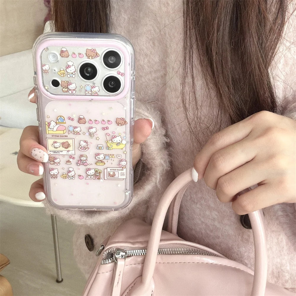 Cute Star Hellokitty Glitter Phone case for iPhone 17 Pro 15 Pro Max 16 Max 17 16 Fundas With Chain Korean Shockproof Cover Capa