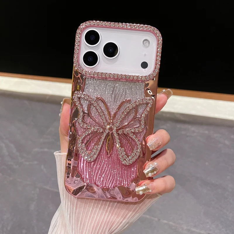 3D Bling Glitter Butterfly Gradient Diamond Phone Case For iPhone 17 Air 16 15 14 13 12 11 Pro Max Plus Plating Shockproof Cover
