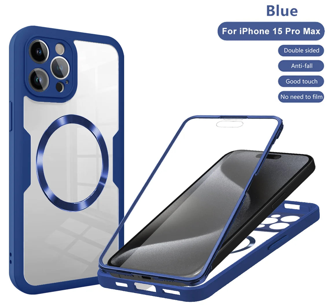 360 Double Sided Full Protection Magnetic Phone Case For iPhone 17 16 15 14 12 13  Pro Max  with Screen Protector Clear Cover