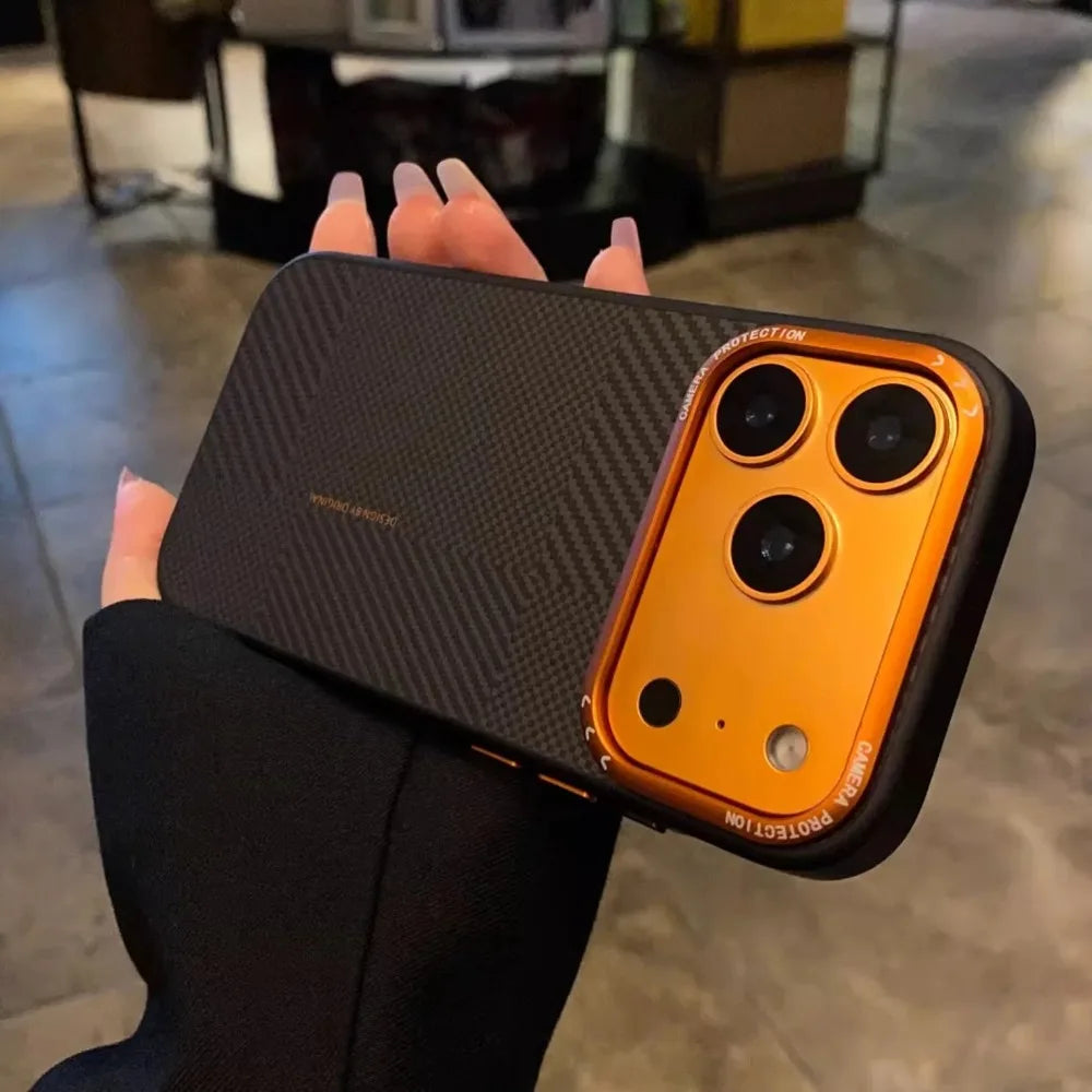 Matte Carbon Fiber Texture Case For iPhone 17 16 15 14 Pro Max Metal Camera Lens Protector Invisible Magnetic Charging Cover