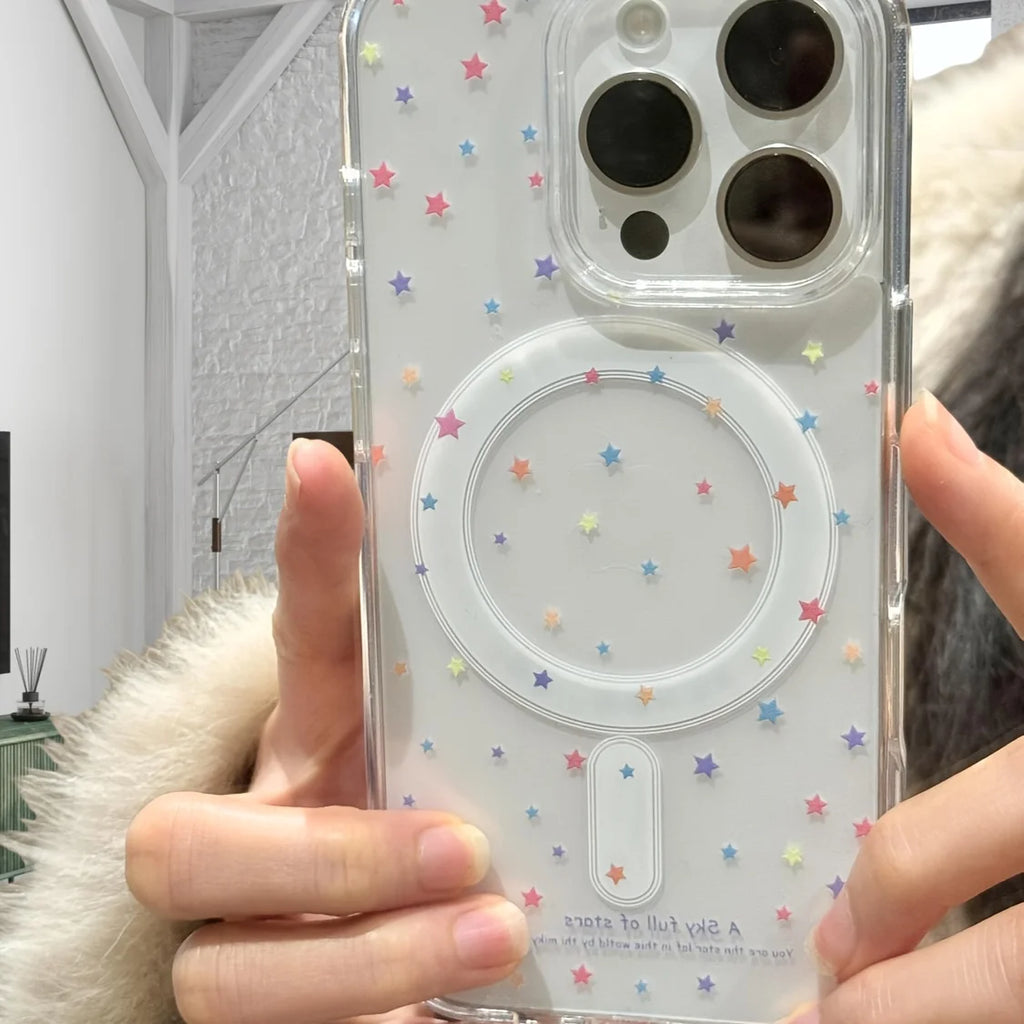 Colored stars, transparent magnet case for iPhone17 16, 15 14 13 12 11 Pro Max Plus