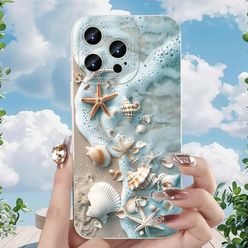 Summer Beach Shell Starfish Design Shockproof Soft Phone Case For iPhone 17 16 13 11 12 14 15 Pro Max XS XR X 16E 17 Air Cover