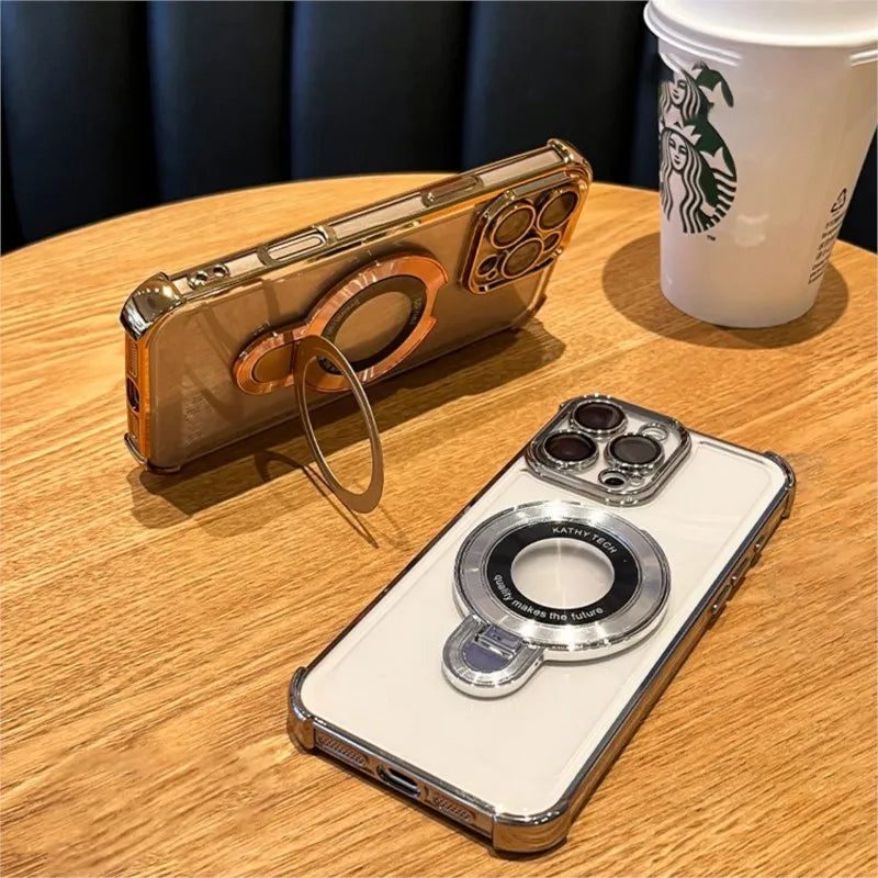 Luxury Plating For Magsafe Wireless Charge Case For iPhone 17 Air 16 15 14 13 12 11 Pro Max Plus Clear Magnetic Stand Cover