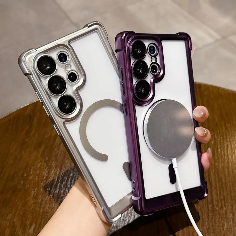 Armor Shockproof Magnetic Case For Samsung Galaxy S25 Ultra S24 FE Plus S23 For Magsafe Lens Protector Matte Plating Clear Cover