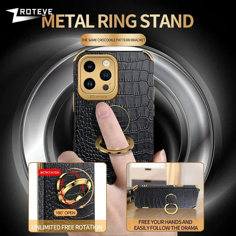 For iPhone16 Pro Zroteve Crocodile Leather Ring Holder Soft Cover For iPhone 16 15 14 13 12 11 Pro Max SE 2 3 iPhone15 Plus Case