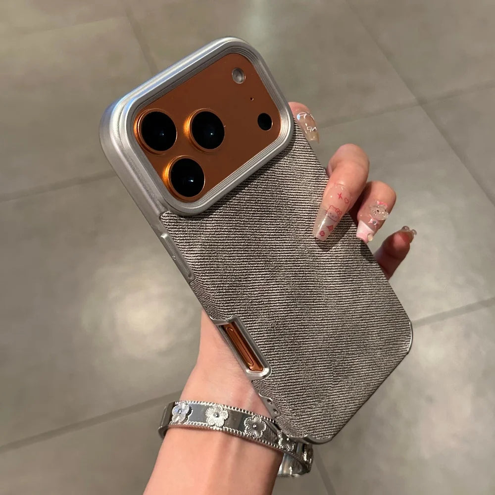 Luxury Jeans Fabric Soft Plating Case for iPhone 17 Air 16 15 14 Plus 13 12 11 Pro Max Shockproof Bumper Fabric Brand Cover Capa