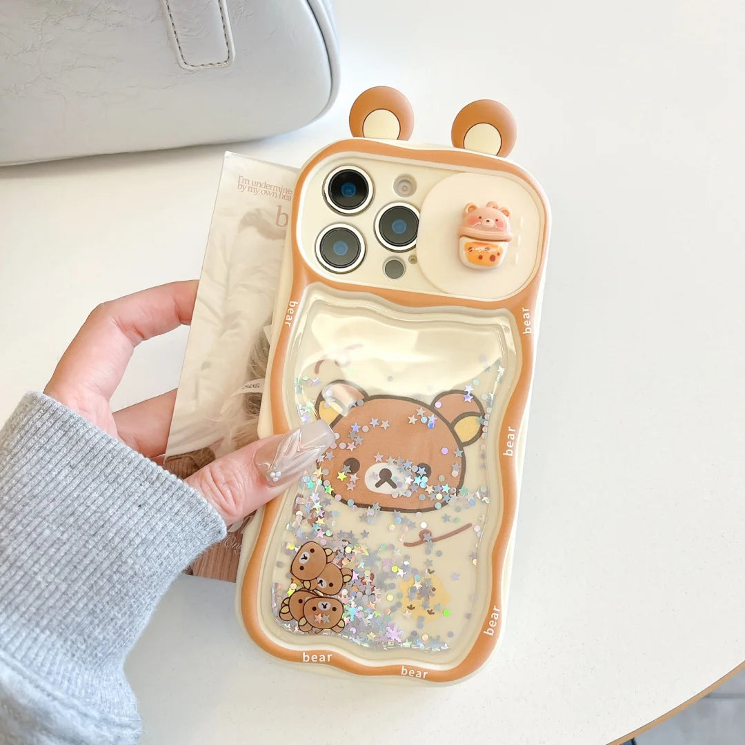INS Japan Cartoon quicksand Bear Couple Family Phone Case For iPhone 17 16 15 14 13 12 11 Pro Max XR XS Plus Anti Fall Cover