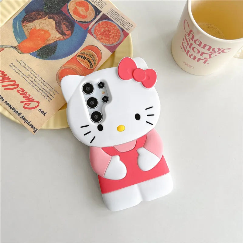 Cute 3D Hello Kittty Phone Case For Samsung Galaxy S25 S24 S23 S22 Ultra Plus S20 S21 S23 FE A54 A55 A36 A16 Soft Silicone Cover