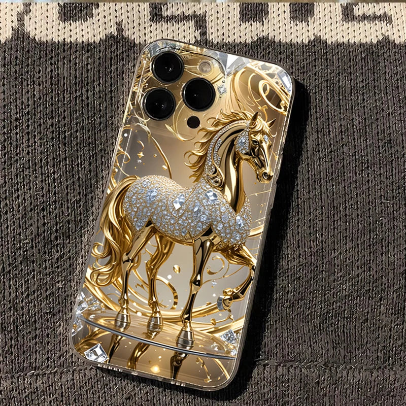 Golden Horse Diamond Printed Phone Case For iPhone 17 16 15 14 Plus Pro Max 12 11 13 X XS XR 7 8 Plus 16E 17Air Soft Clear Cover