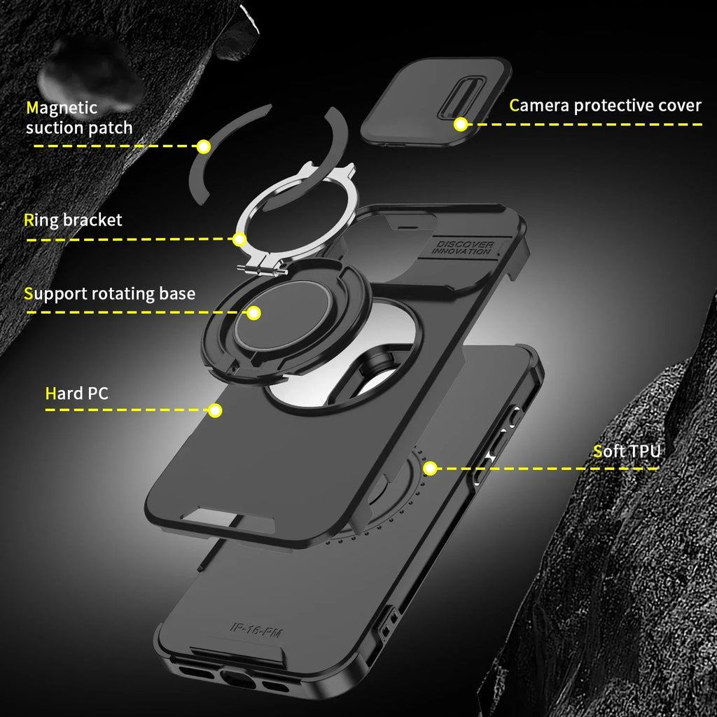 Luxury For Magsafe Magnetic Wireless Charge Armor Case For iPhone 17 Air 16 15 14 13 12 11 Pro Max Slide Camera Protection Cover