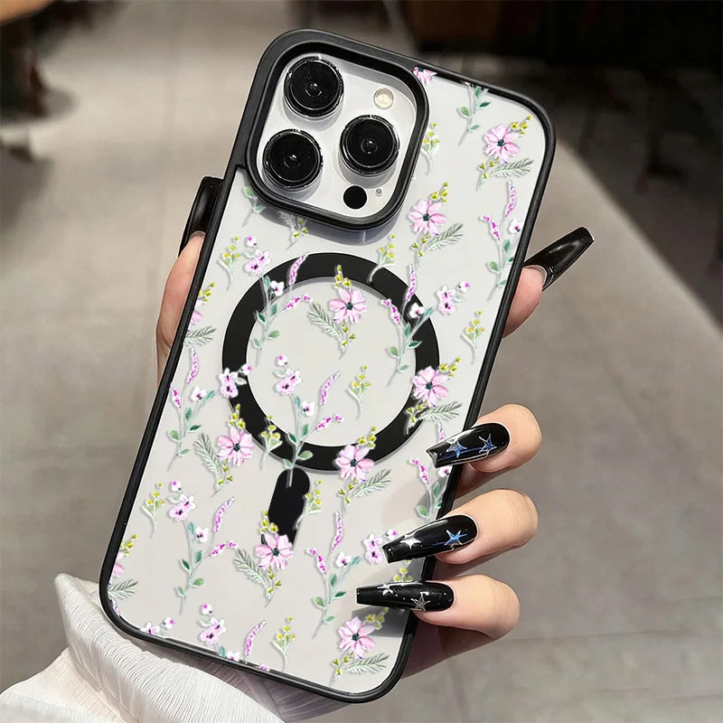 Magnetic Phone Case For iPhone 11 12 13 14 15 16 17 Pro Max Plus Air Flowers Pattern Design Transparent Shockproof Bumper Cover