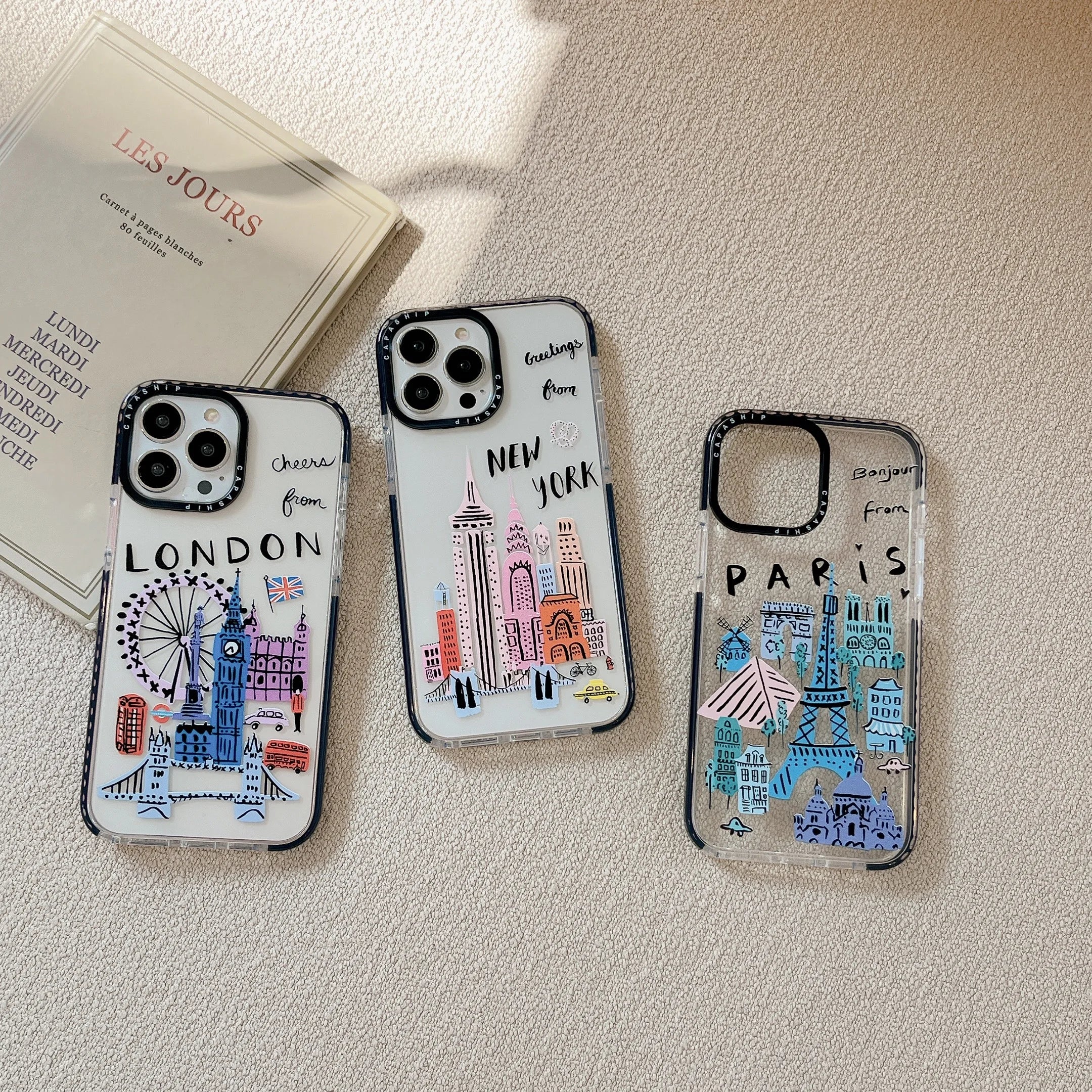 Paris London New York City Landmark building Cartoon Doodle Cover Case For iPhone 16 15 14 13 12 11 Pro Max 7 8 Plus Mini X XR