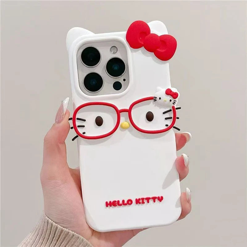 Hello Kitty 3D Glasses Cat Shockproof Silicone Phone Shell for IPhone17 Pro Max 16 15 Plus 14 13 Mini 12 11 4 4S 5 5S 7 8 Series