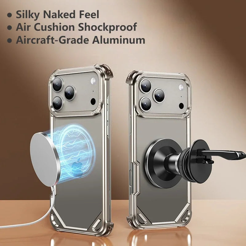 Luxury Metal Frameless Air Cushion Shockproof Phone Case For IPhone 17 17Pro 17ProMax Ultra-thin for Magsafe Protection Cover