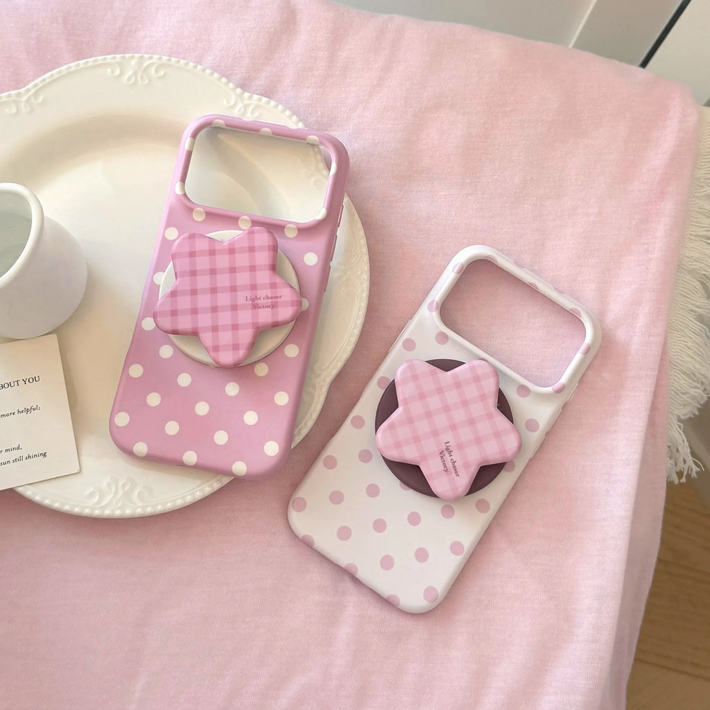 Korean Full Screen Polka Dots With Plaid Stars Magnetic Bracket Phone Case for iPhone 17 16 15 14 Pro Max Shockproof Soft Cover