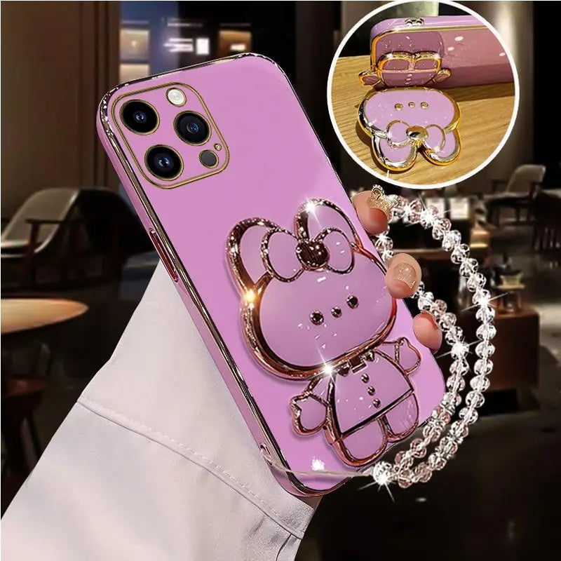 Diamond Strap Mirror Rabbit Phone Holder On Case For iPhone 15 14 13 12 11 Xs Pro Max Mini X XR Apple 6 6s 7 8 Plus Stand Cover
