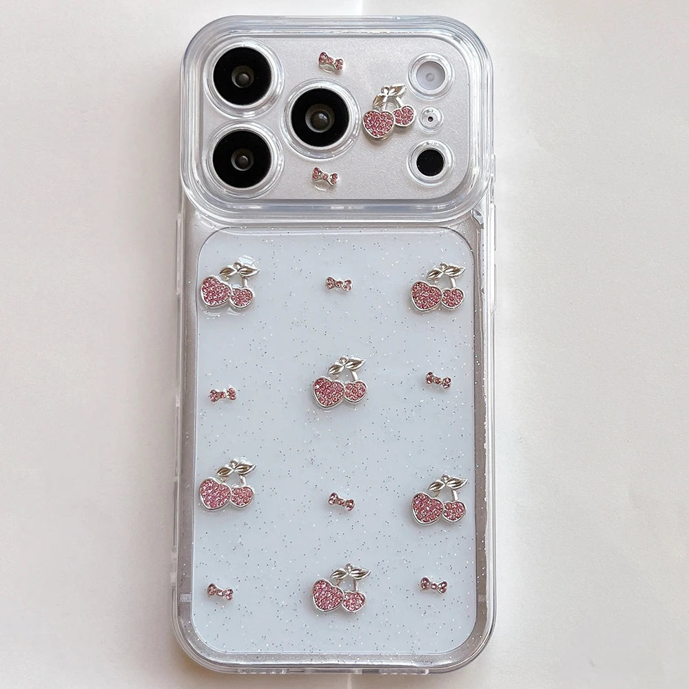 Cute 3D Diamond Cherry Phone Case For iPhone 17 16 15 14 13 12 11 Pro Max Soft Shockproof Cover Epoxy Glitter Shell