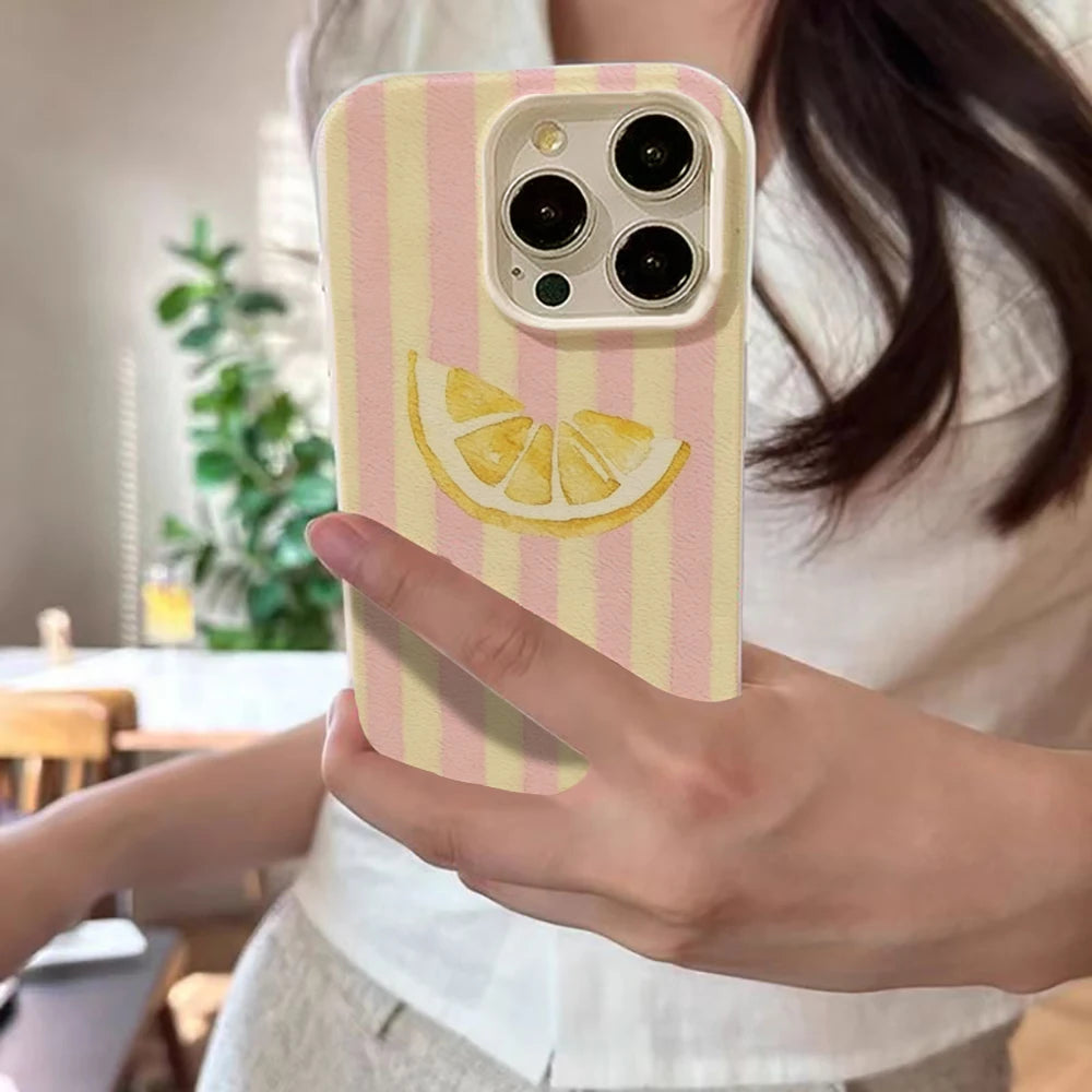 Fresh Lemon Striped Phone Case For iPhone 17 16 15 14 13 12 11 Pro Max For iPhone Air 16 15 14 Plus XR XS X Lychee Soft Cover