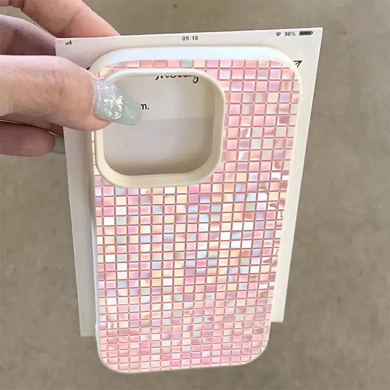 Shimmer Pink Iridescent Mosaic Grid Phone Case For iPhone 17 16 15 14 13 12 11 Pro Max Glitter Contrast Frame Cover For Ladies