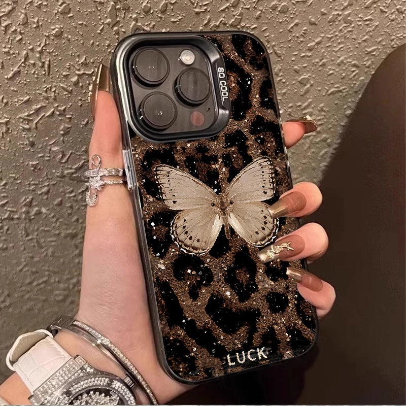 Butterfly Leopard Print Phone Case for IPhone 17 16 15 14 13 12 11 Pro Max Plus 17 Air 16E X XR XS Max Plating Shockproof Cover