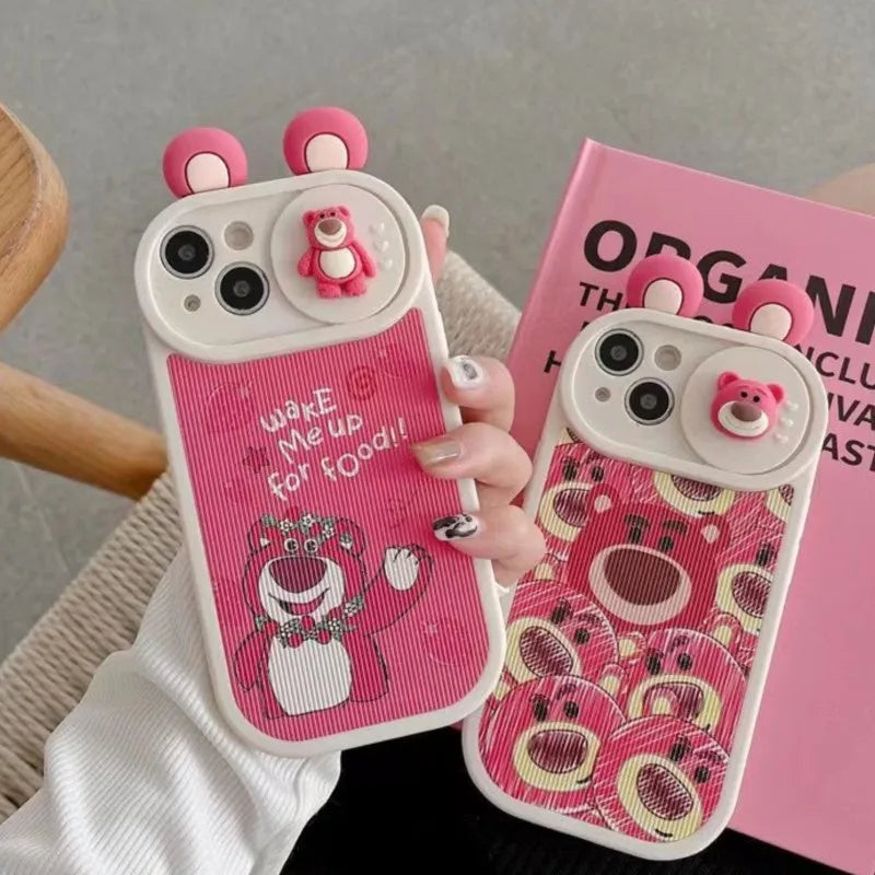 Disney Kawaii 3D Lotso Bear Slide Lens Cover Phone Case for iPhone 11 12 13 14 15 16 Pro Max Cute Pink Cover