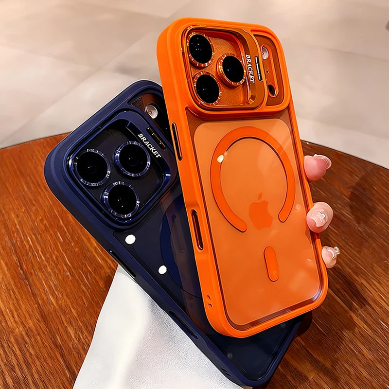 Luxury Matte Translucent Armor Shockproof For Magsafe Bracket Case For iPhone 17 16 15 14 13 12 Pro Max 17 Wireless Charge Cover