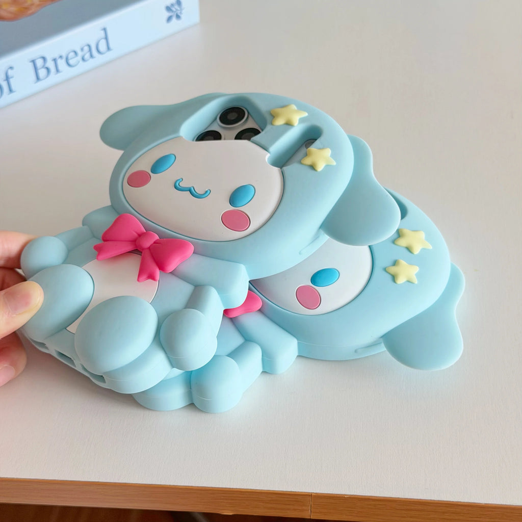 Cute 3D Cartoon Cinnamoroll Silicone Phone Case For iPhone 17E 17 16 15 14 13 Pro Max Plus INS Shockproof Leg Holder Back Cover