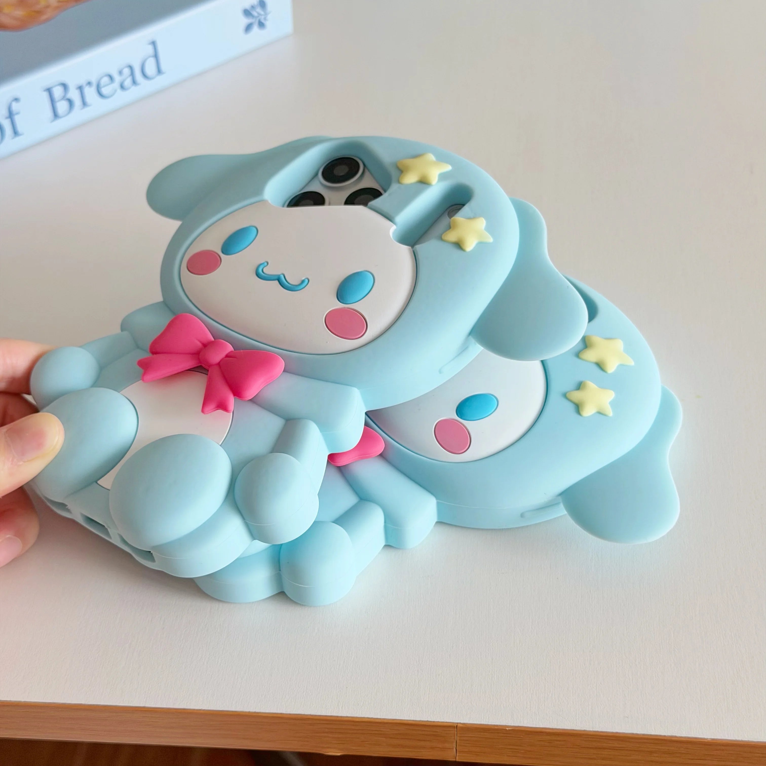Cute 3D Cartoon Cinnamoroll Silicone Phone Case For iPhone 17E 17 16 15 14 13 Pro Max Plus INS Shockproof Leg Holder Back Cover