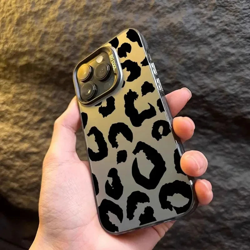 Leopard Print Electroplate Silver IMD Phone Case For iPhone 16 15 14 13 12 11 Pro Max 15 Plus Matte Shockproof Back Cover