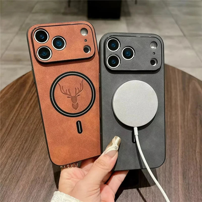 Luxury Deer Head Leather For Magsafe Case For iPhone 17 16 15 14 13 12 11 Pro Max Plus Air Wireless Charging Phone Accessories