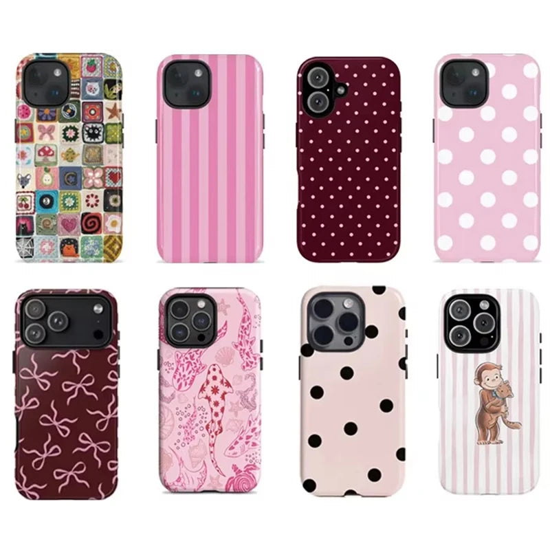 Luxury Pink Striped Polka Dots Pattern Phone Case For iPhone 17 Air 16e 16 Pro Max 15 14 Plus 13 12 11 Pro Double-layer Cover