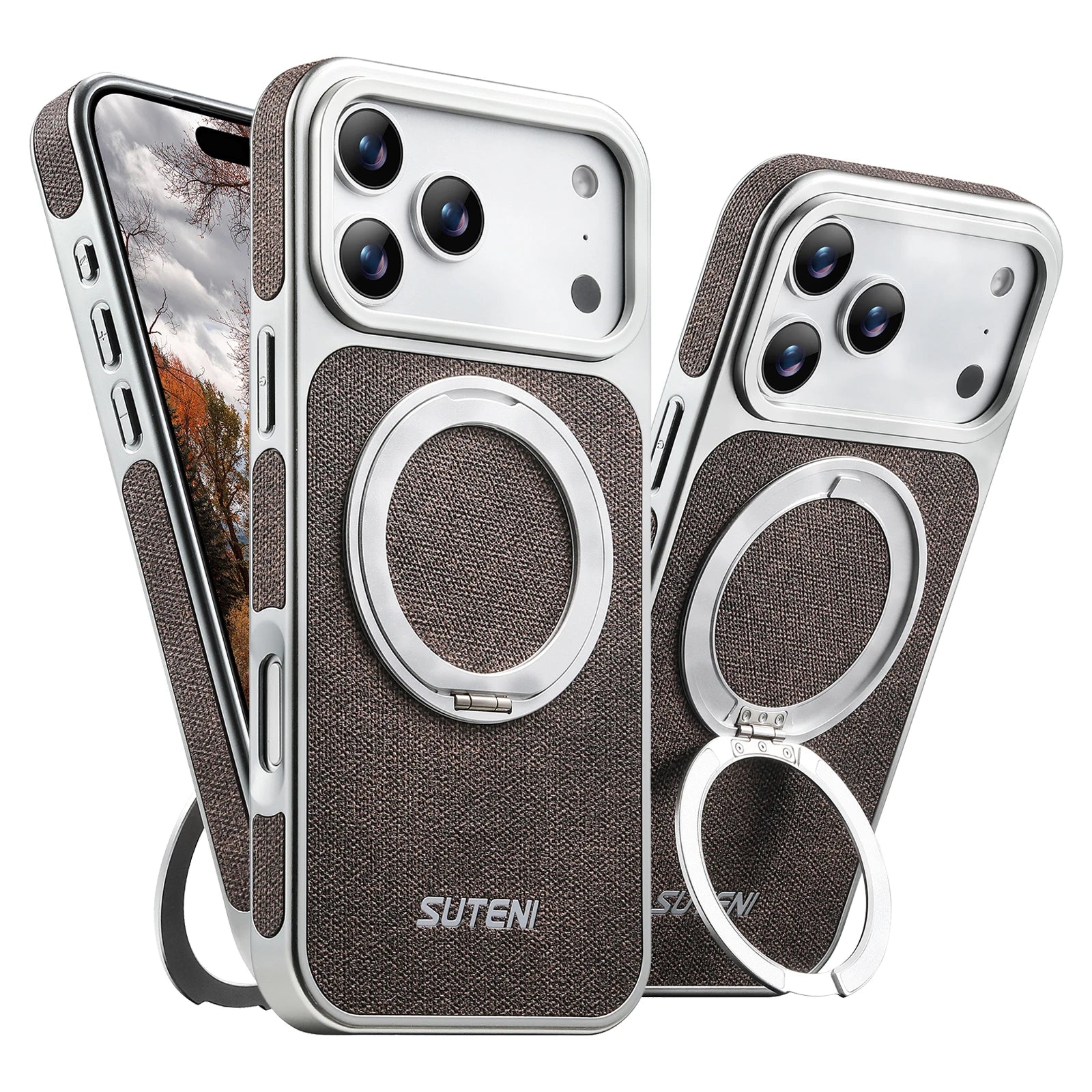 SUTENI Faux Leather Magnet Wireless Charging Phone Case 360° Rotating Stand Ring Buckle Frosted Feel For iPhone 17 Pro Max 16 15