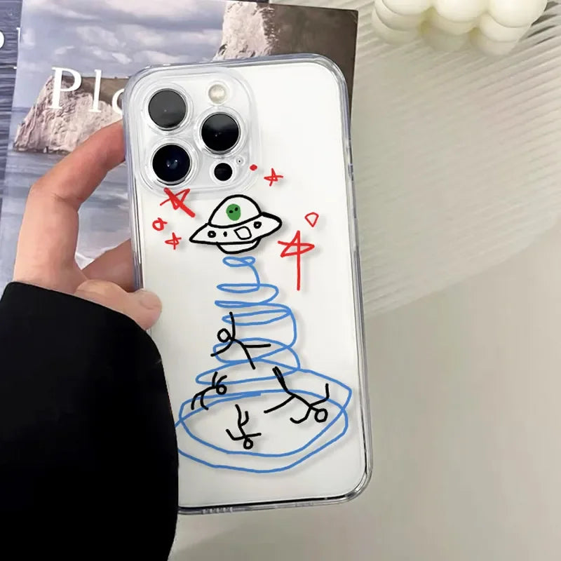 Graffiti Alien UFO Creative Cartoon Soft Phone Case For iPhone 16 15 14 13 12 11 Pro XR X Max 7 8 Plus MINI Y2K Cute Clear Cover