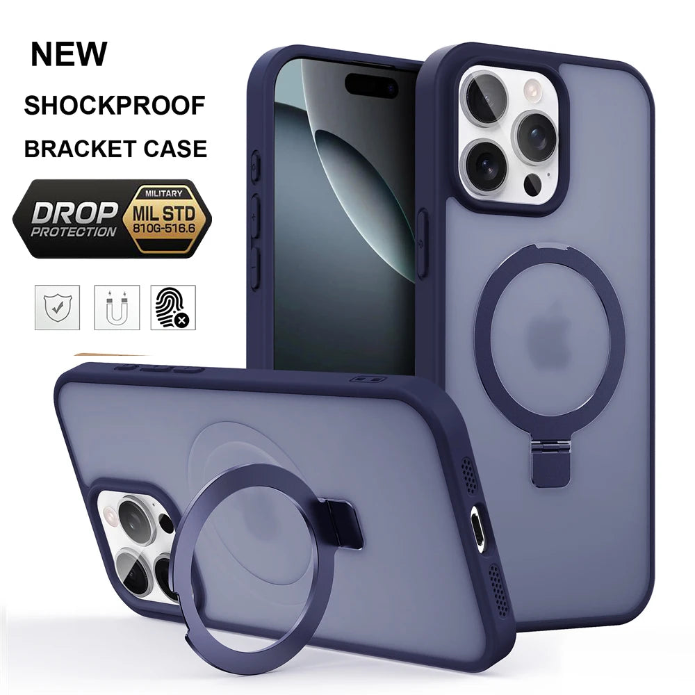 Metal Ring Stand Matte Magnetic Case for Magsafe iPhone 16 Pro Max 15 14 13 12 16 Pro Max Plus 15Pro Wireless Charge Cover