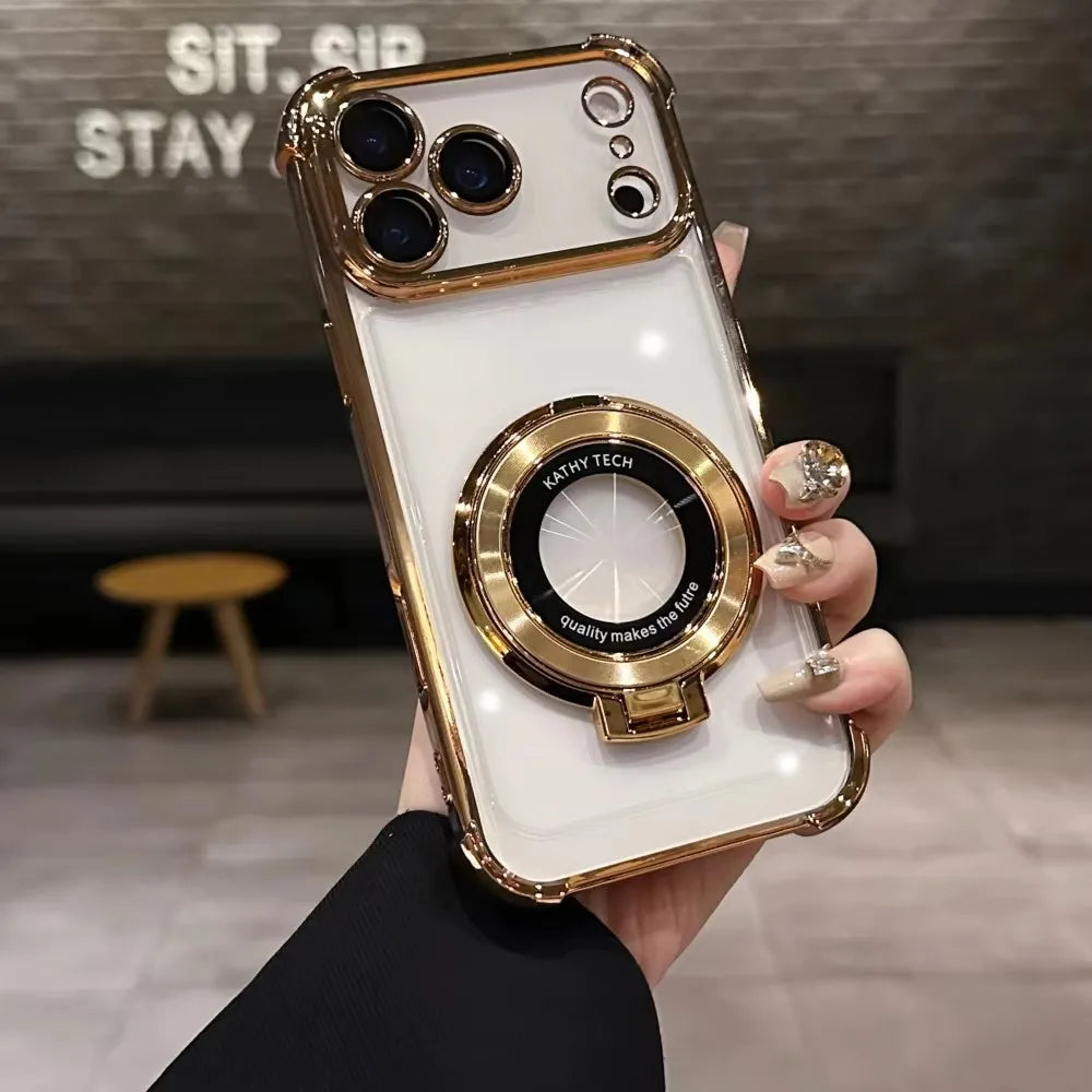 Luxury Plating Magnetic Bracket Phone Case For iPhone 17 Air 16 15 14 Plus 13 12 11 Pro Max Shockproof Holder Stand Back Cover