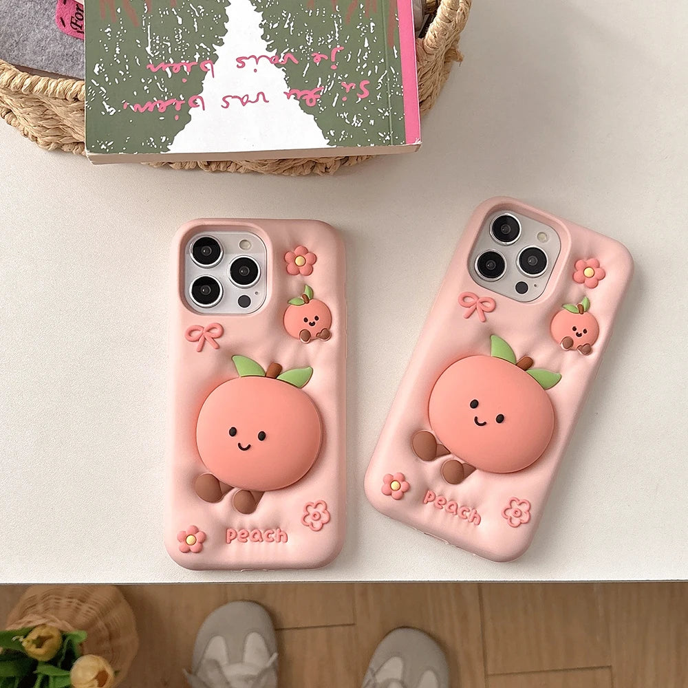 Kawaii Summer Fruit Floral Peach Bracket Soft Silicone Case Stand Holder Shockproof Cover for iPhone 17 16 15 14 13 12 Pro Max