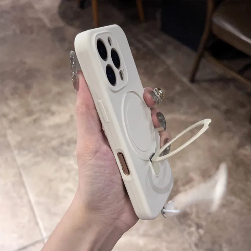 Original Liquid Silicone Soft Case for iPhone 16 15 14 Plus 13 12 11 Pro Max Metal Kickstand Holder For Magsafe Lanyard Cover