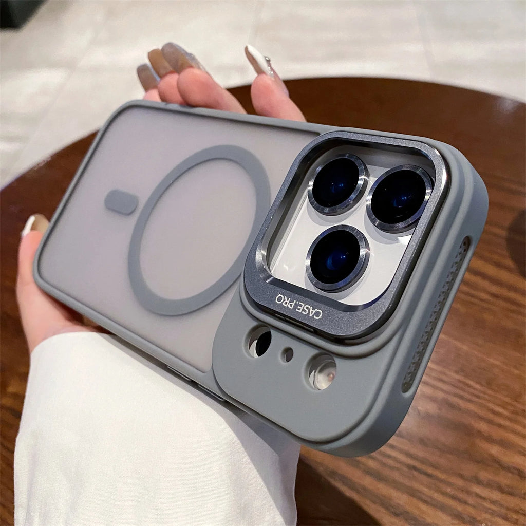 Luxury Matte Magsafe Magnetic With Lens film bracket Phone Case For iPhone 11 12 13 14 15 16 17 Air ProMax Hard PC Bumper Cover