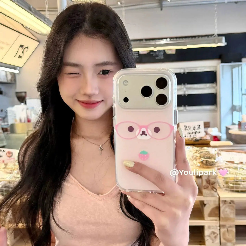 Ins Korean Soft Cute Cream Powder Strawberry Glasses Bear Phone Case For IPhone 17 Air 16 15 14 13 12 11 Pro Max Plus Y2K Cover