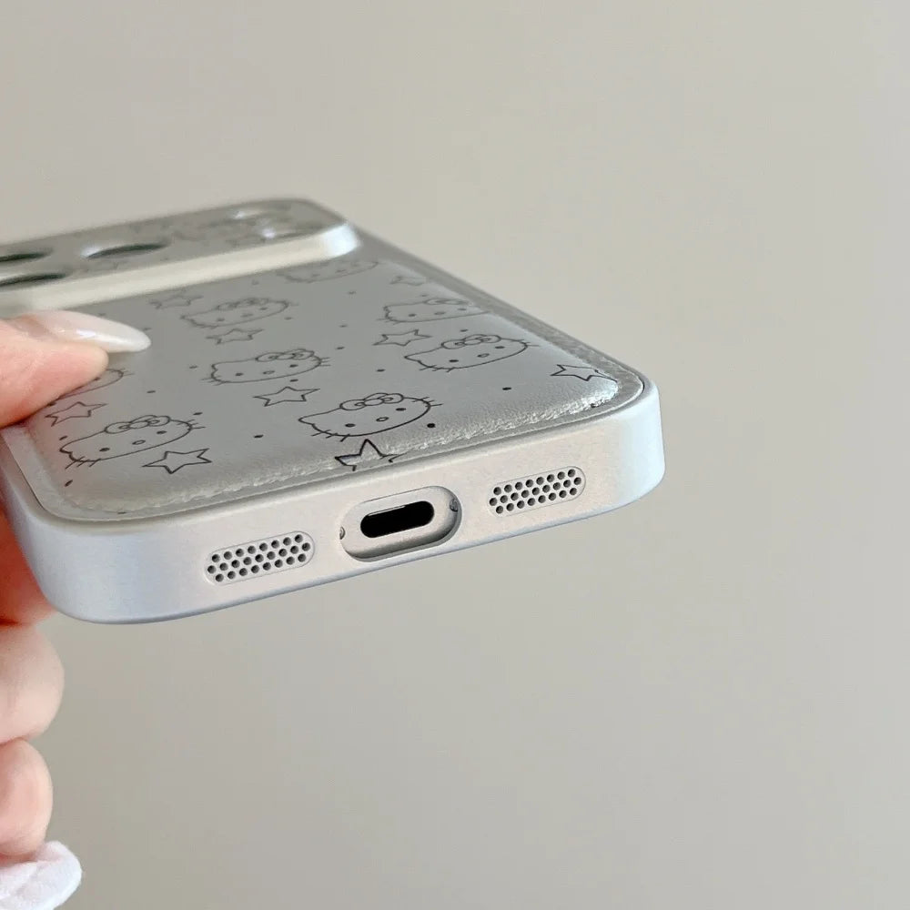Luxury Cute Silver KT Cat Leather Case Phone Case For iPhone 17 Pro Max 16 Pro 15 14 Pro Max Case Shockproof Protective Cover