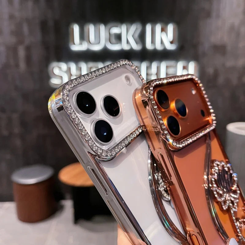 For iPhone 17 Air Pro Max Fashion Bling Diamond Flowers Plating Frame Case For iPhone 16 15 14 Plus 13 12 11 Protective Cover