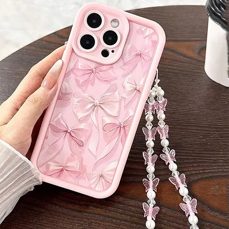 Luxury Pink Bowknot Pattern Phone Case For iPhone 17 Air 16 15 14 13 12 11 Pro Max 16E 7 8 Plus With Lanyard Lanyard Rope Cover