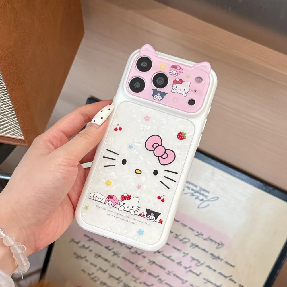 Cartoon Cat Ear Cute Sanrio KT Shockproof Phone Case For iphone 17 Pro 16 15 Pro Max Luxury Lens Protective Acrylic Back Cover