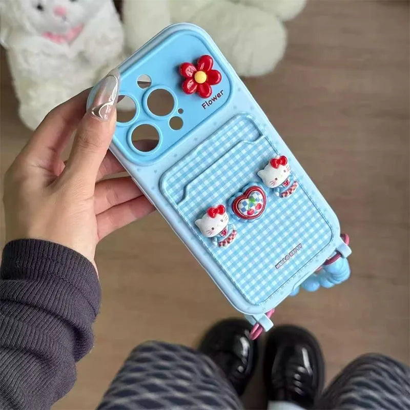 3D Toy Blue Hello Kitty Case for iPhone 17 Pro Max 16 15 Plus 14 Pro 13 12 11 Card Holder Cartoon Phone Cover With Bead Lanyard