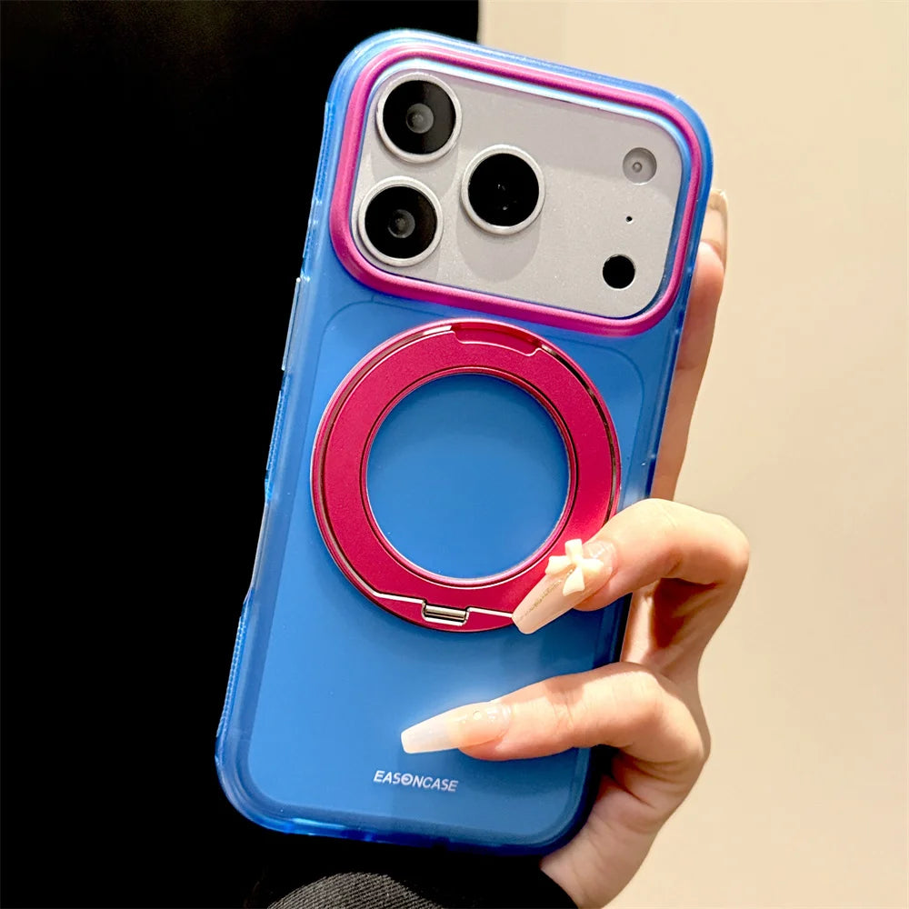 Magnet Holder Rotating Magnetic Stand Phone Case For iPhone 16 17 Pro Max Matte Translucent Shockproof Clashing Color Back Cover