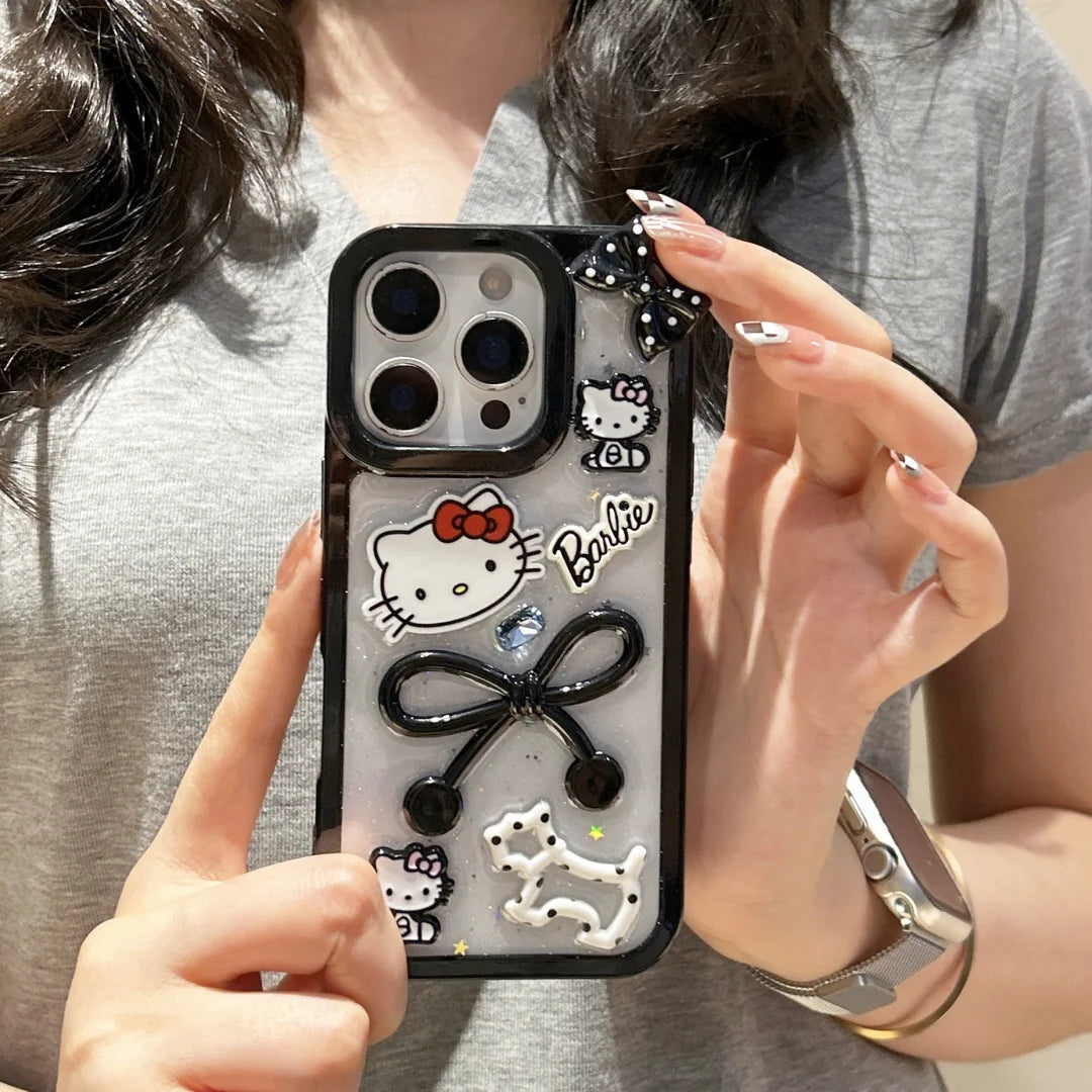 Cute Cartoon Glitter Powder Bow Hello Kitty Cat Phone Case For iphone 17 16 15 14 Pro Max 13 Shockproof Protector Sanrio Cover
