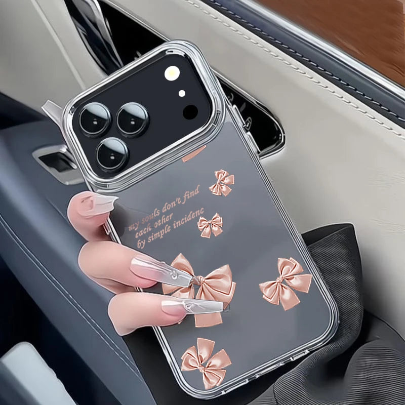 Cute Pink Bow Pattern Transparent Phone Case For iPhone 17 16 15 14 13 12 Pro Max 17 Pro Air 12 11 Plating Lens Frame Soft Cover