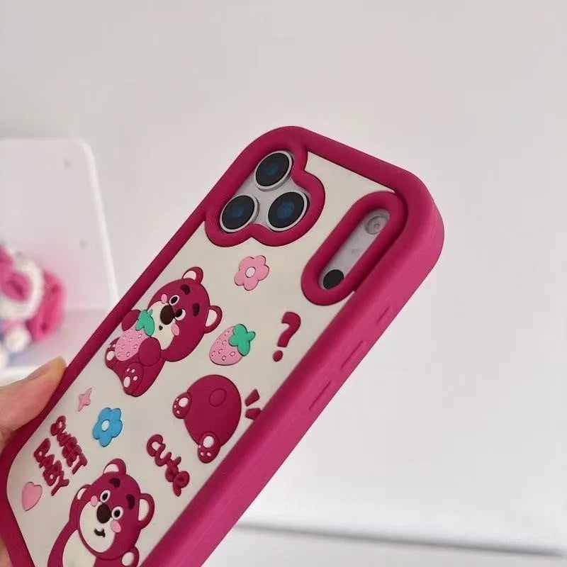 Cute 3D cartoon strawberry bear silicone phone case for iPhone 17 16 15 14 13 12 11 Pro Max xsmax XS 7 8 Plus protective case