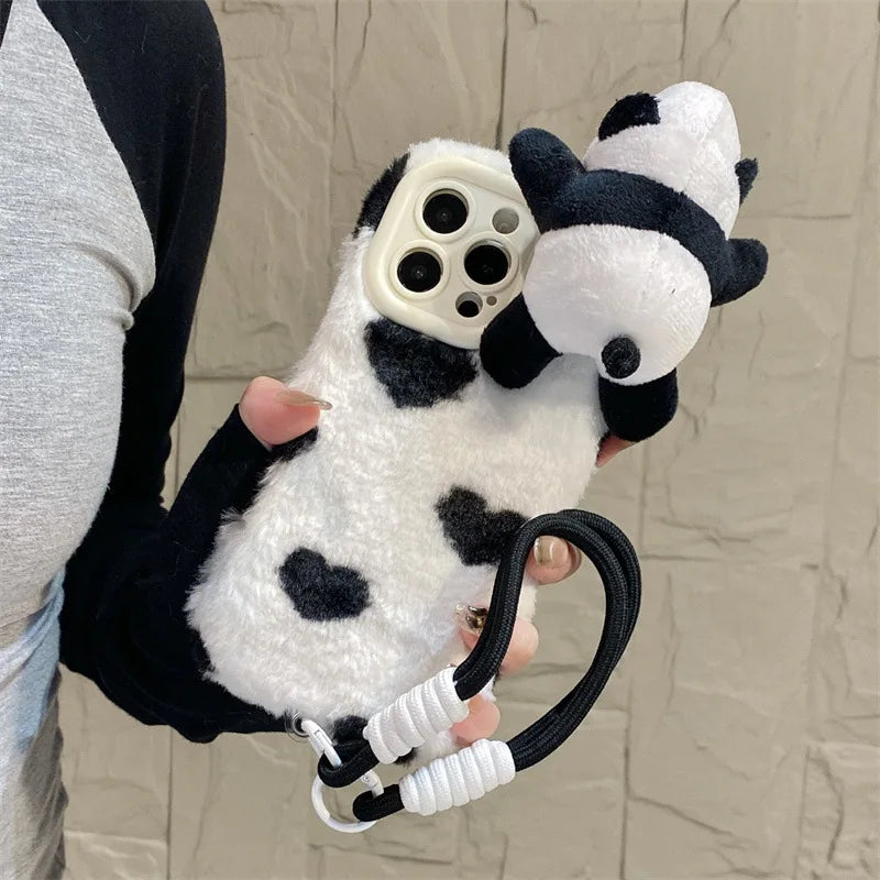 3D Cartoon Panda Doll Plush Phone Case For iPhone 17 Air 16 15 14 13 12 11 Pro Max With Wrist Strap Shockproof Protective Cover