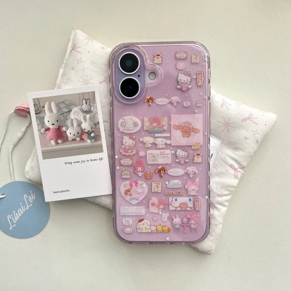 Cute Transparent Pink KT Stickers Phone Case For iPhone 17 Pro Max 14 Pro 15 Pro Max 16 Pro Max With Bracelet Shockproof Cover